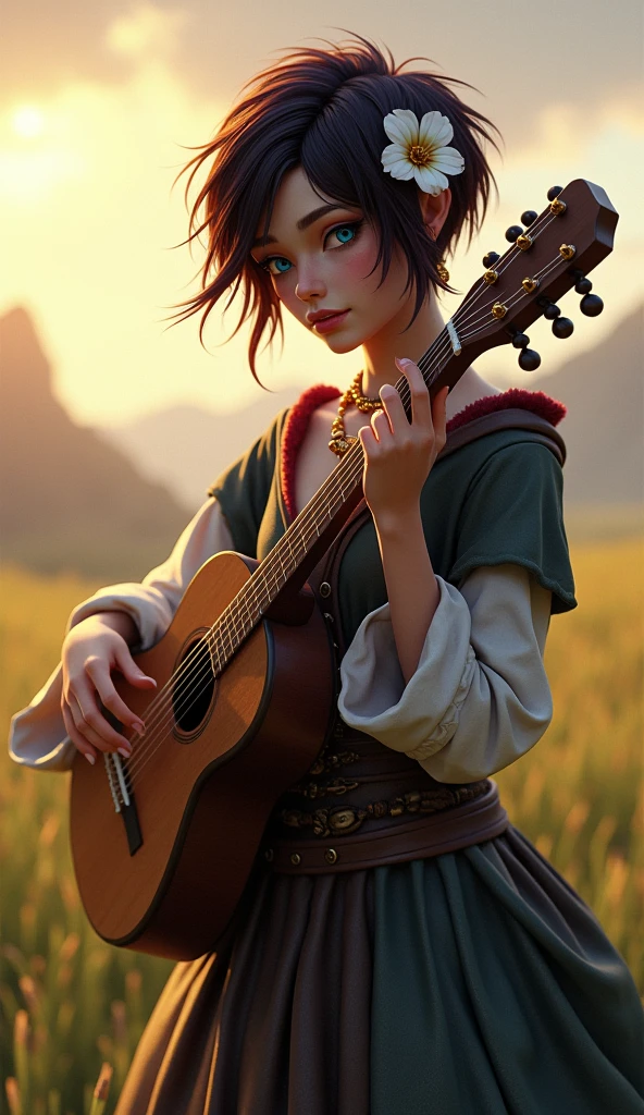 Kenku female from baldur's gate, best quality, ultra-detailed CG unity 8k wallpaper, playing a lute, high resolution, dynamic pose, beautiful face, (medieval bardic attire,white flower, hair ornament, blue eyes), depth of field, sunny plains, magic light), flirtatious smile, (high fantasy) (Maroon and black Hair, pixie cut hair)