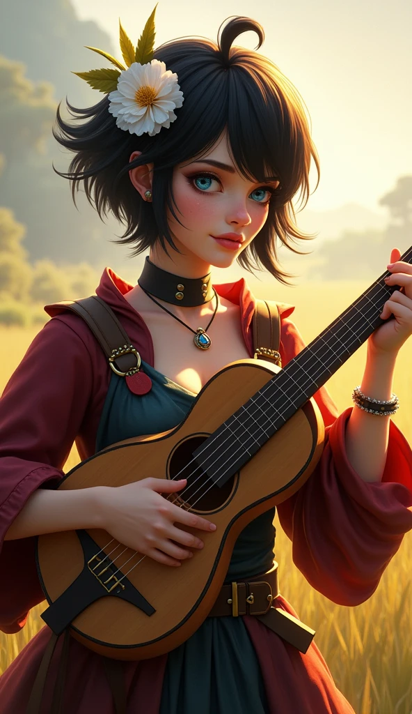 Kenku female from baldur's gate, best quality, ultra-detailed CG unity 8k wallpaper,   playing a lute, high resolution, dynamic pose, beautiful face, (medieval bardic attire,white flower, hair ornament, blue eyes), depth of field, sunny plains, magic light), flirtatious smile, (high fantasy) (Maroon and black Hair, pixie cut hair)