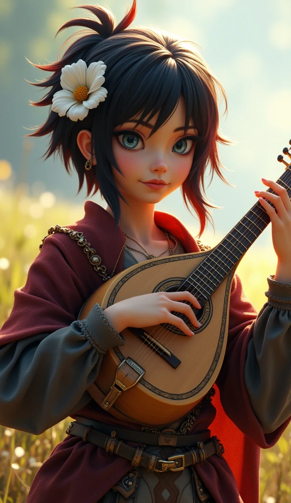 Kenku female from baldur's gate, best quality, ultra-detailed CG unity 8k wallpaper,   playing a lute, high resolution, dynamic pose, beautiful face, (medieval bardic attire,white flower, hair ornament, blue eyes), depth of field, sunny plains, magic light), flirtatious smile, (high fantasy) (Maroon and black Hair, pixie cut hair)