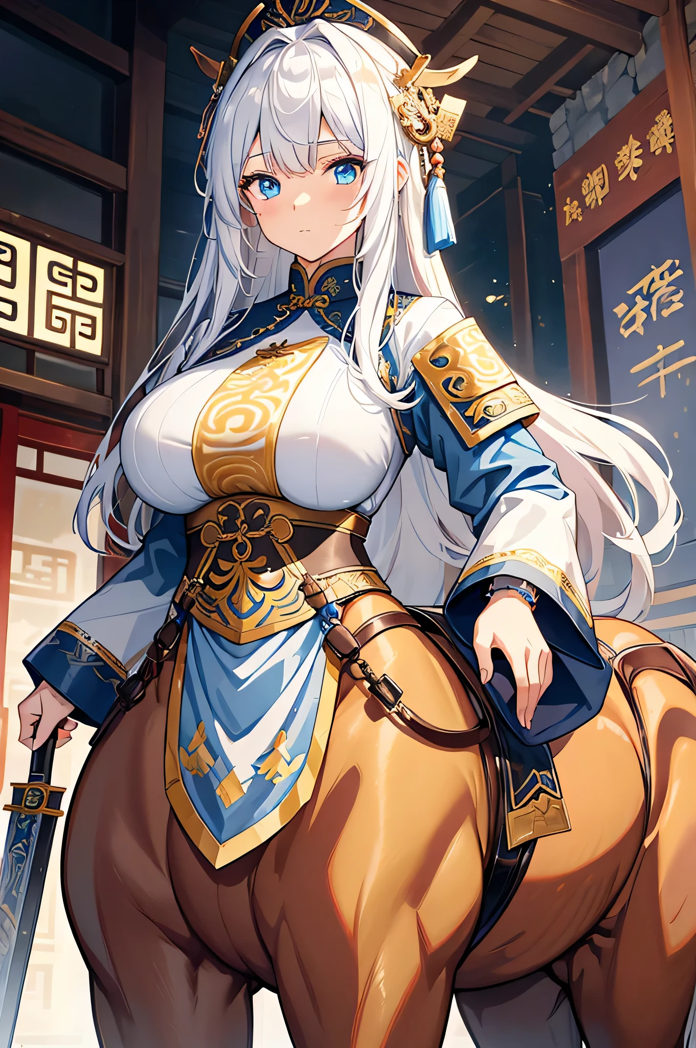 4K,High resolution,One Woman,centaur,White Hair,long hair,Blue Eyes,Brown fur,Big Breasts,Ancient Chinese Generals,Ancient Chinese Blue Armor,Heavy Armor,Full Armor,ancient chinese crown,Jewelry decoration,Gold decoration,Long sword,Medieval village