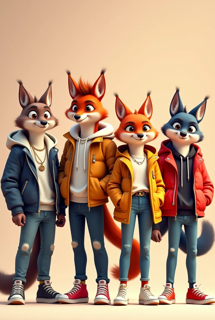 Four fashionably dressed teenage animals 3 males and 1 female animated facing front with no background behind