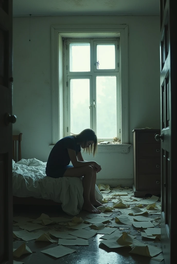 dans un style réaliste : Chambre Désertée : Un intérieur minimaliste et désordonné, avec des meubles renversés, des feuilles de papier froissées éparpillées, et une fenêtre ouverte laissant entrer une lumière blafarde. Sur le lit, une personne est assise, la tête baissée, capturant l'idée d'une lutte intérieure.