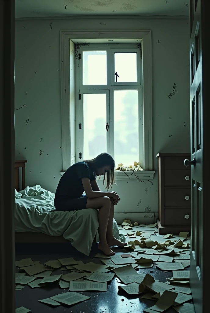 dans un style réaliste : Chambre Désertée : Un intérieur minimaliste et désordonné, avec des meubles renversés, des feuilles de papier froissées éparpillées, et une fenêtre ouverte laissant entrer une lumière blafarde. Sur le lit, une personne est assise, la tête baissée, capturant l'idée d'une lutte intérieure.