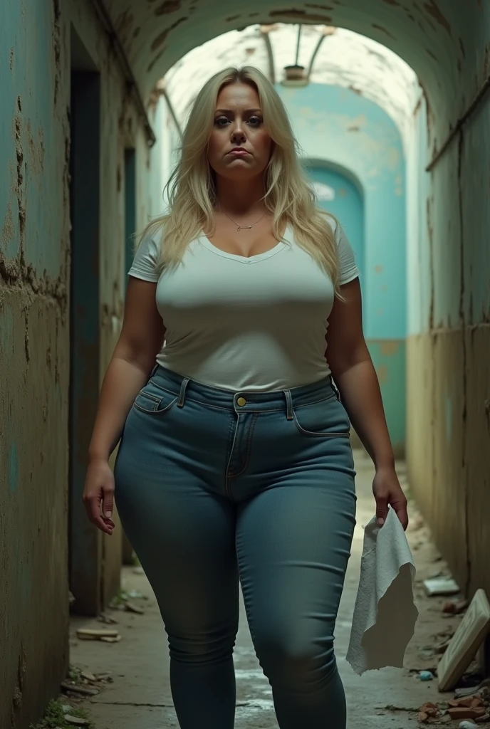 (shabby tunnel)Blonde white woman.Wearing tight skinny jeans and a tight short-sleeved shirt.Holding a wad of toilet paper in my hand.Squatting.Big hearted.very big breasts.A frown.((8k)).There is an abandoned vacation on the floor.