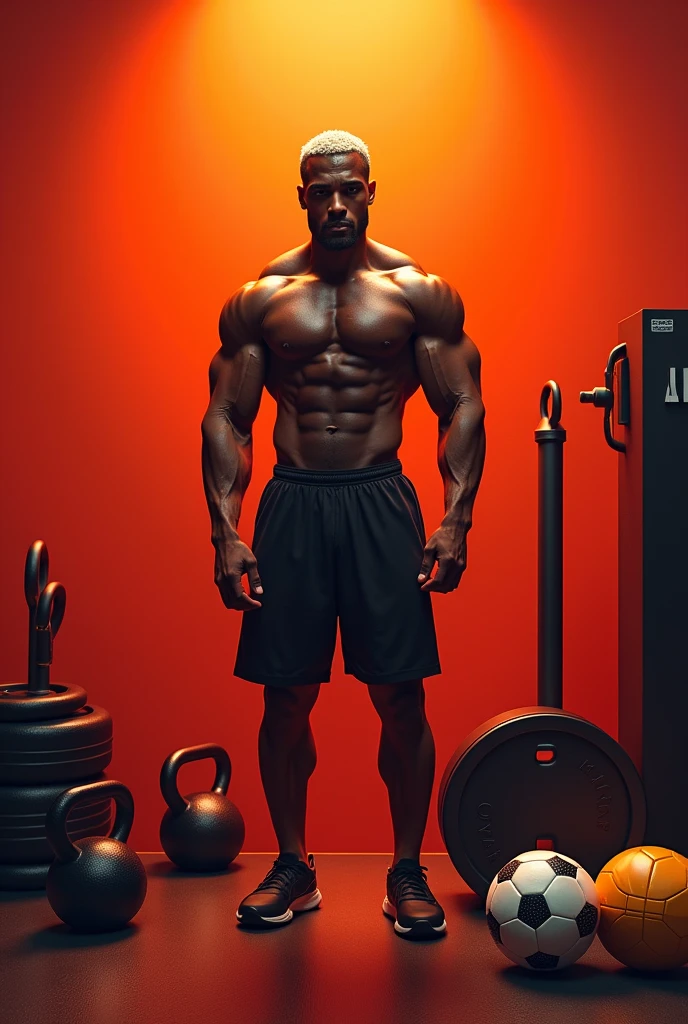 Orange-red Instagram art of a shirtless black fitness trainer with short bleached hair with bodybuilding equipment and soccer balls in the background.