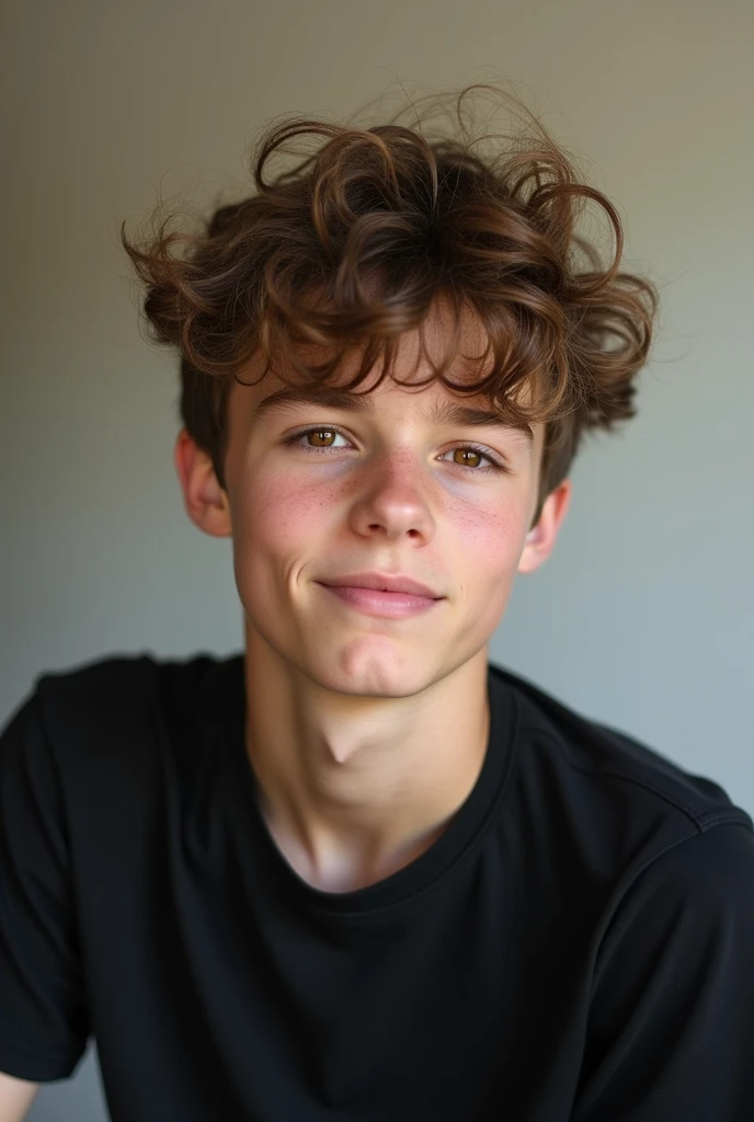 A boy with freckles, very pale skin and red cheeks, with hazel puppy eyes and blond hair