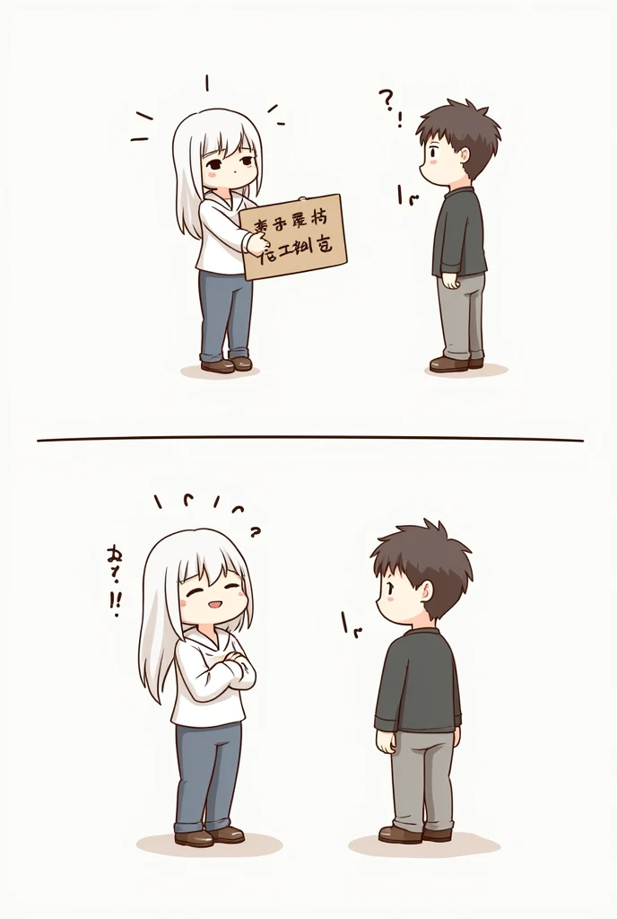 MAKE AN IMAGE (comic)
Panel 1: Two people are standing across from each other, one person is holding a sign with Chinese characters, and the other person looks confused.
Person 1: Hello (Nǐ hǎo)
Person 2: Sorry, I don't understand.
Panel 2: Person 1 points to the sign they are holding.
Person 1: This is my name(Zhè shì wǒ de míngzì)
Person 2: Oh, I see. I don't read Chinese