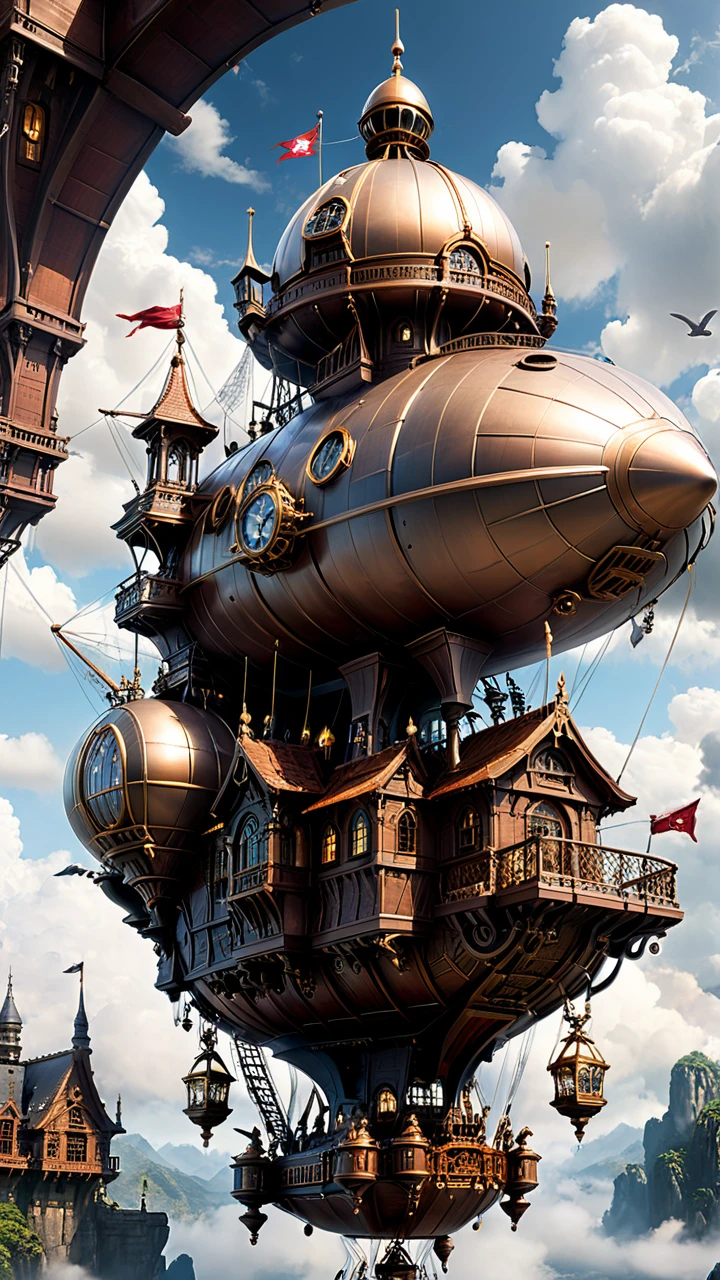Flying Castle、Steampunk Airship、,(masterpiece, Highest quality, Professional, Perfect composition, so beautiful, Absurd, Very detailed, Intricate details:1.3),