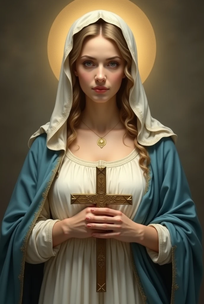 Mother Mary with a cross in her hand, her breasts white and beautiful