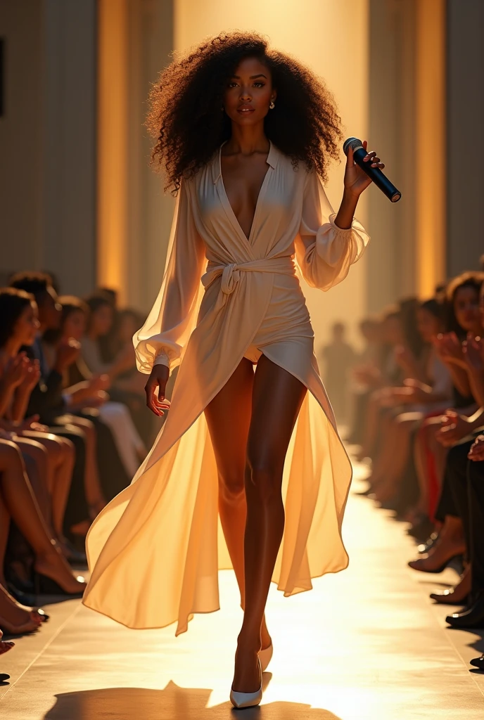 White girl,with big black hair and big blouse (that goes up to the thigh) yellow walking on a catwalk with gold details with several people watching and she is holding a microphone in her hand wearing white high heels 