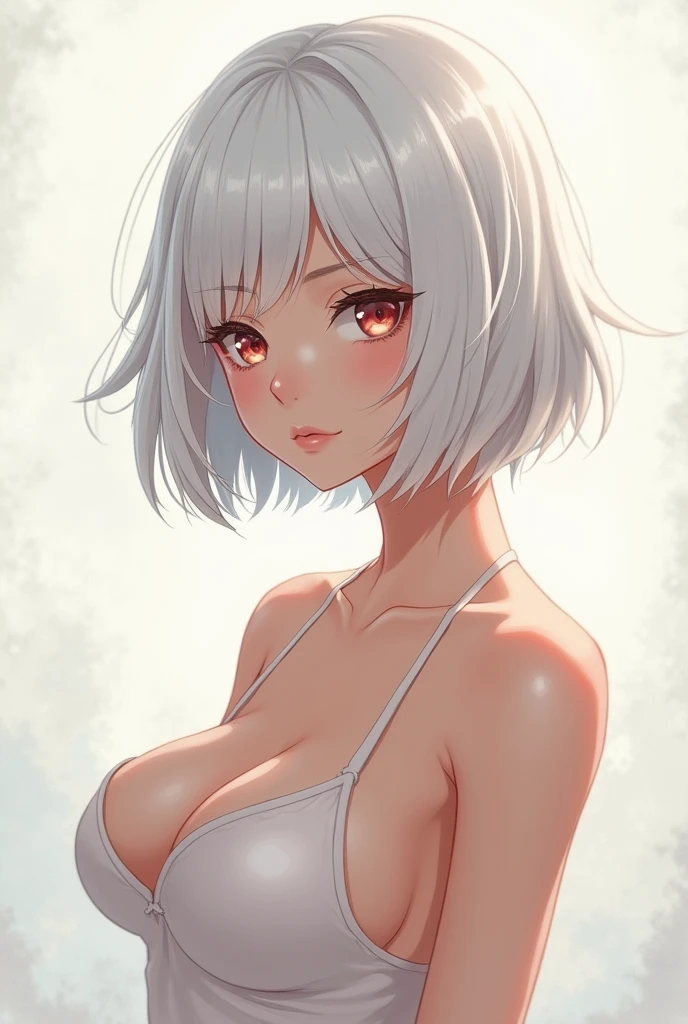 Anime drawing, white hair, bob, beautiful breasts, nude