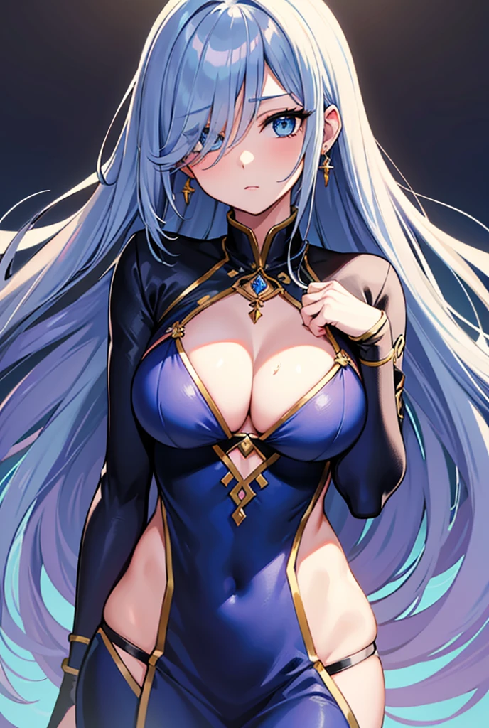 best qualityer, 1 , longye hair, hair over one eye, aretes, breastsout, make-up, blue colored eyes, simple background, jewel, anime styling, hair wet, loose hair,