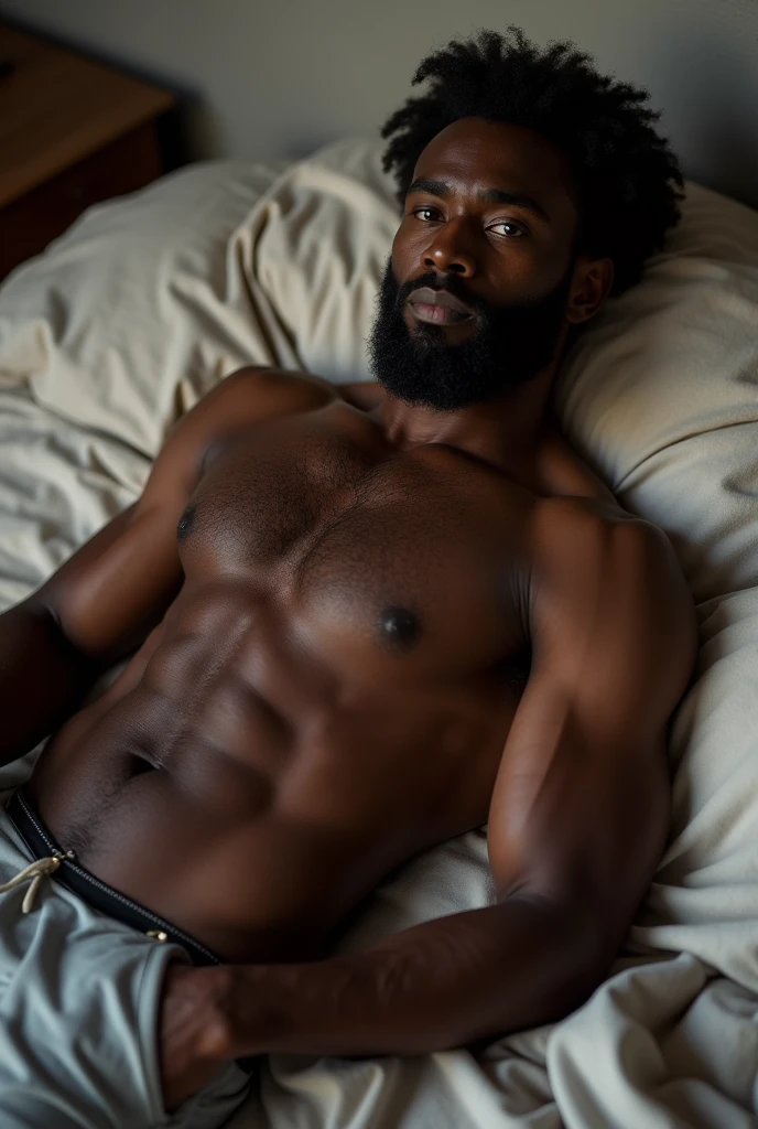 [Core Concept] An intimate and sensual portrait of a black man, muscular and bearded man in a moment of relaxation and exposure.

[Character Description] The man is robust and vigorous, with an imposing and masculine appearance. Your skin is dark and your facial features are strong, with a thick beard that frames his face.

[Environment/Background] He's lying on his bed, in a private and cozy environment, with soft sheets and blankets that contrast with your dominant figure.

[Style and Atmosphere] The scene conveys a sense of intimacy and vulnerability, with a subtle sensuality and an air of comfort and relaxation.

[Composition] The frame focuses on the man&#39;s torso and genital region, creating an intimate and revealing composition.

[Details and Embellishments] Details such as skin texture, the defined muscles and prominence of his sexual organ accentuate the erotic nature of the image.

[Technical Specifications] The image is a high contrast photographic portrait, with soft lighting and a natural color palette that enhances the model&#39;s beauty and masculine strength.