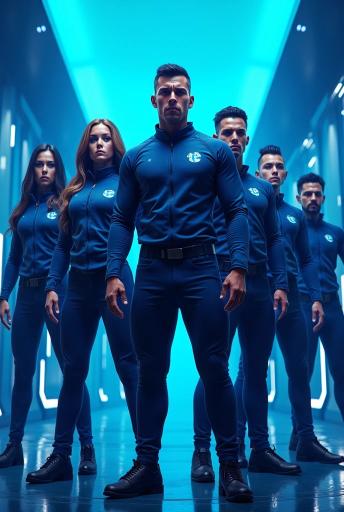 Image for a team of people who will participate in a business challenge, with blue tone, futuristic and aggressive. The name of the team is: TEAM BLUE, The warriors 