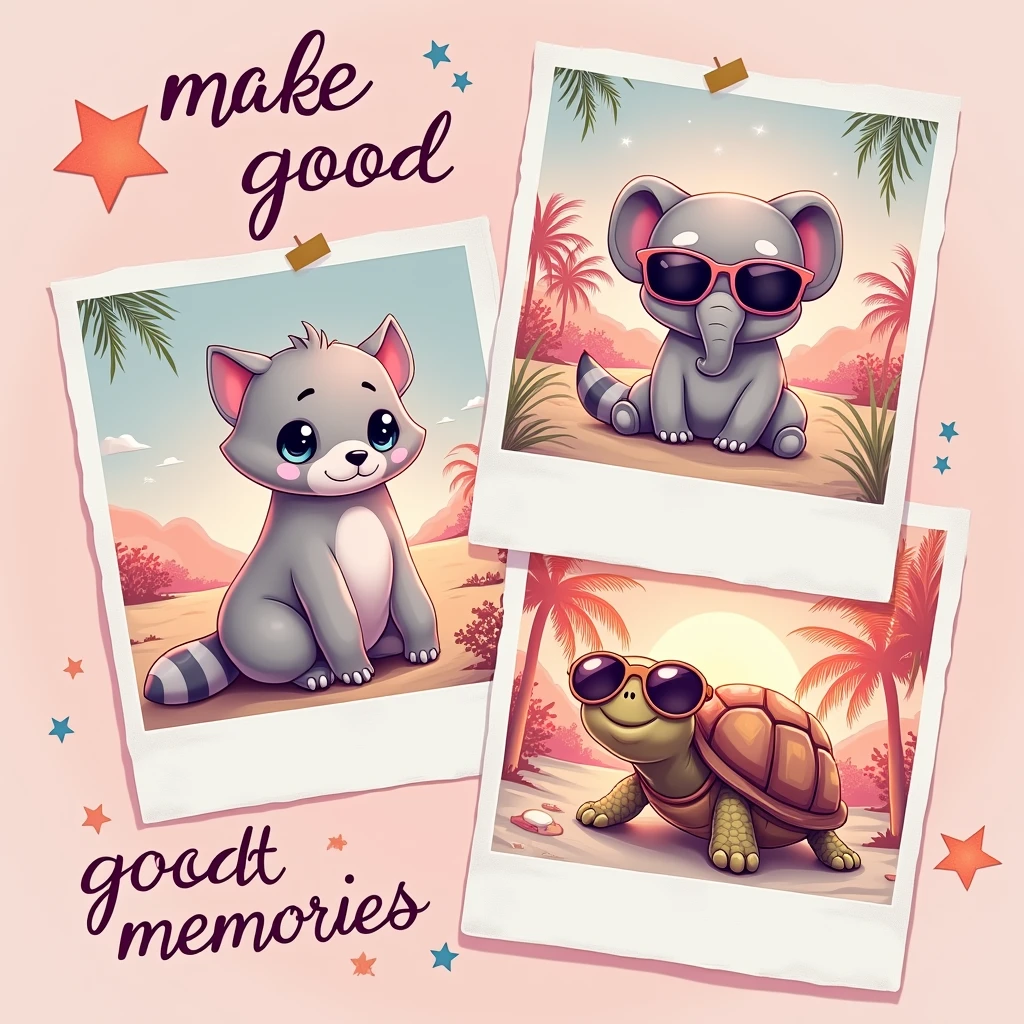 create a smart illustration, with good layout, and design features, ((glad)) with good contrast, with fine and delicate lines, cute fun, to the audience (The image shows three photos with images of ((3 squishmallows animals estilo cartoon: to the left, um guaxinim com pelagem cinza glad; On the right, uma elefante grandes olhos redondos e sentado e do carro um tartaruga de glad de óculos escuros.)). The photos are random with different places and different situations in each photo, The sand looks smooth, with some footprints leading to the van. the art in general presents a distribution with characteristics of shirt prints, in which "no" end up in a rectangular shape. Below this scene, there is text that says “Make good Memories” or something related to high summer in a stylized cursive font that suggests a relaxed summer vibe. The font color transitions from pink at the top to yellow at the bottom, imitating a sunset. This image evokes nostalgia for summer travel and beach adventures., symbolizing freedom and leisure. Nota:(((the squishmallows have to look like teddy bears)))