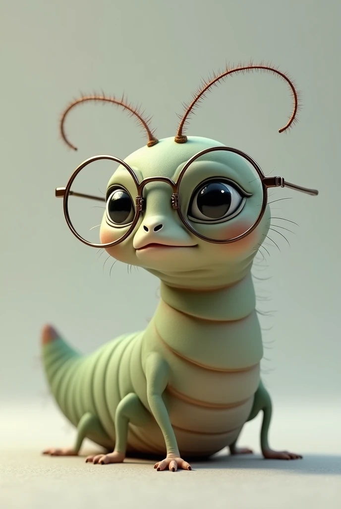 A caterpillar that is not cute, with glasses and with a wise and intelligent appearance, that does not have hair, that is an adult