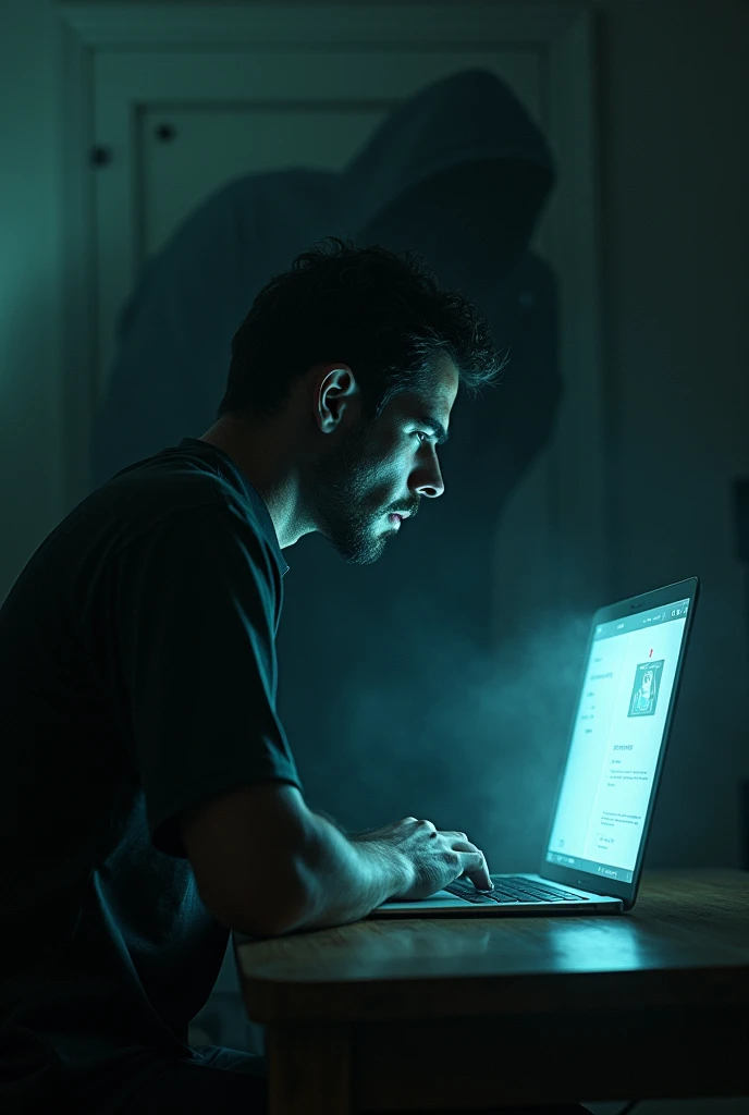 naughty man, in front of a screen, with a black shadow talking in his ear, disoriented and energyless expression