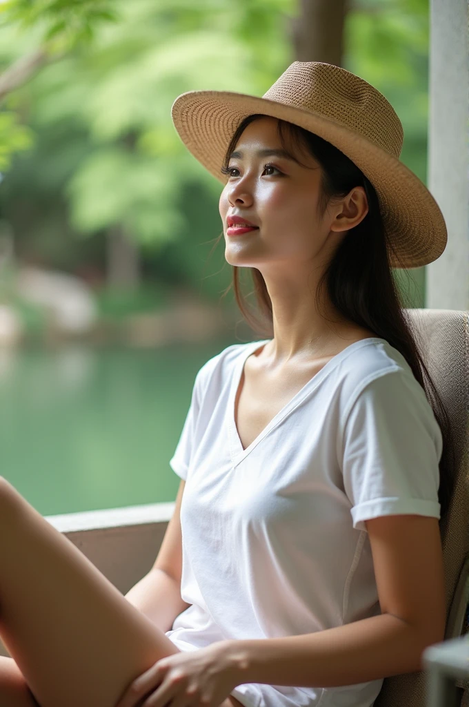 The photo shows a young Thai woman sitting on an outdoor chair with her legs propped up against a wall, wearing a white T-shirt and a hat, with trees and a body of water in the background.