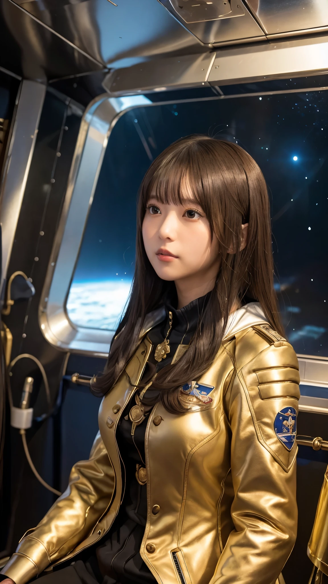 A scene from a movie，masterpiece: Space Battleship Yamato 2202: High-definition images of Yuki Mori，　 Exquisite details、Ultra-realistic:2.0、 Sparkling metallic body、Complex Panel、Curved and sleek design、 Floating in the air、Nebulae and stars that accentuate its silhouette々、（Yellow body armor）A high-resolution image of Yuki Mori, a crew member giving instructions from inside the ship, dressed in a、 Gorgeous coat of arms jacket、Slight redness on the cheeks