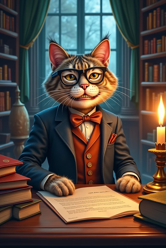 Cheshire cat as a professor with books