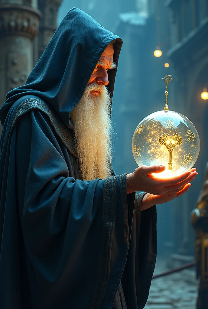 Create a realistic illustration in format 9:16 depicting an elderly wizard with a long white beard flowing over a dark, pointed robe. Their eyes, convey deep wisdom and compassion. Floating between your hands, a crystal sphere emanates an energetic aura, revealing glimpses of a distant past. Inside the sphere, an old rusty iron key shines brightly. Ao fundo, an imposing medieval warrior, adorned with shining armor, observes the scene with reverence. Discreetly spread throughout the composition, enigmatic symbols like golden apples and Stars of David add layers of meaning and mystery. The atmosphere of the image must be mystical and contemplative, with predominant shades of blue and gold