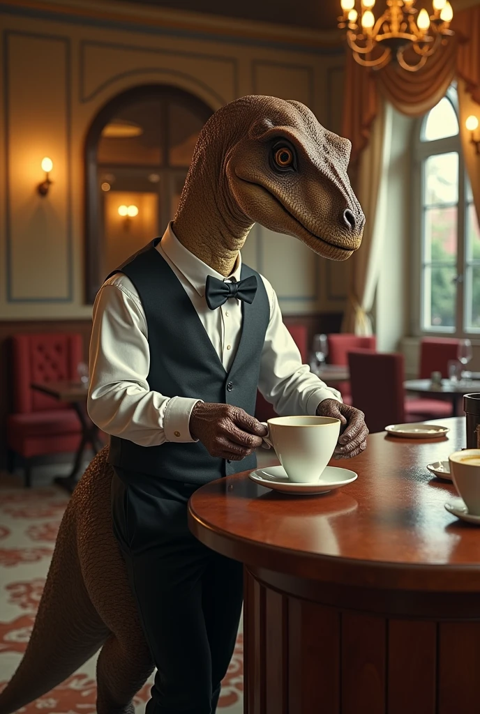 Dinosaur with bow tie and long sleeves、A dinosaur elegantly brewing coffee in a classical cafe、By drip、Calm、Over the counter Ceramic coffee pot
