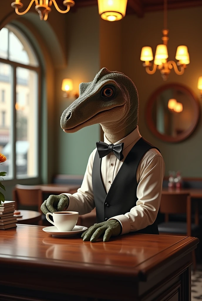 Dinosaur with bow tie and long sleeves、A dinosaur elegantly brewing coffee in a classical cafe、By drip、Calm、Over the counter Ceramic coffee pot