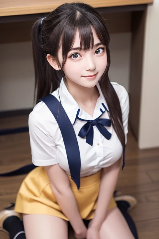 ((smile)),Confused,RAW Photos,(((The ultimate portrait masterpiece))),((The cutest girl in the world:1.4)),1 girl,,Japanese,Cute face、,((Silky Hair)),(A high ponytail tied with a ribbon:1.4),((Super huge breasts:0.2)),((Eyes that shine like jewels)),Glowing Skin,(young woman),Thin ribbon,(Uniforms made from high-quality fabrics:1.4),Ultra-detailed uniforms,(She shyly pulls up her skirt:1.3),((Crotch from the front)),A skirt fluttering in the wind,eyeliner,Beautiful Bangs,Hair between the eyes,((solve,High resolution)),Detailed Background,8 Commercial Code,Digital SLR,Soft Light,high solve,Film Grain,Fujifilm XT3,Shallow depth of field,Natural Soft Light,Narrow waist,(Beautiful girl with sparkling eyes:1.4),(A big bust that seems to burst:-0.5),(You can see the shaved pan:1.3),(Very beautiful shaved pussy:1.3),(The idol-like cuteness of high school girls:1),( in school bags:1.3),(Ultra Dynamic:1),((:1.2)),(sometimes 90% Sometimes she shows her boobs), mid breast, kneeling, lean forward, from above, open breast