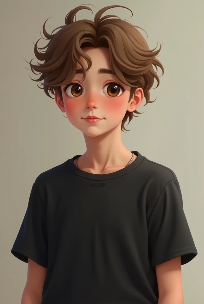 Chłopaka w brązowych flaffy hair i brązowymi oczami. The boy is wearing a black T-shirt and pants. Ma 18lat