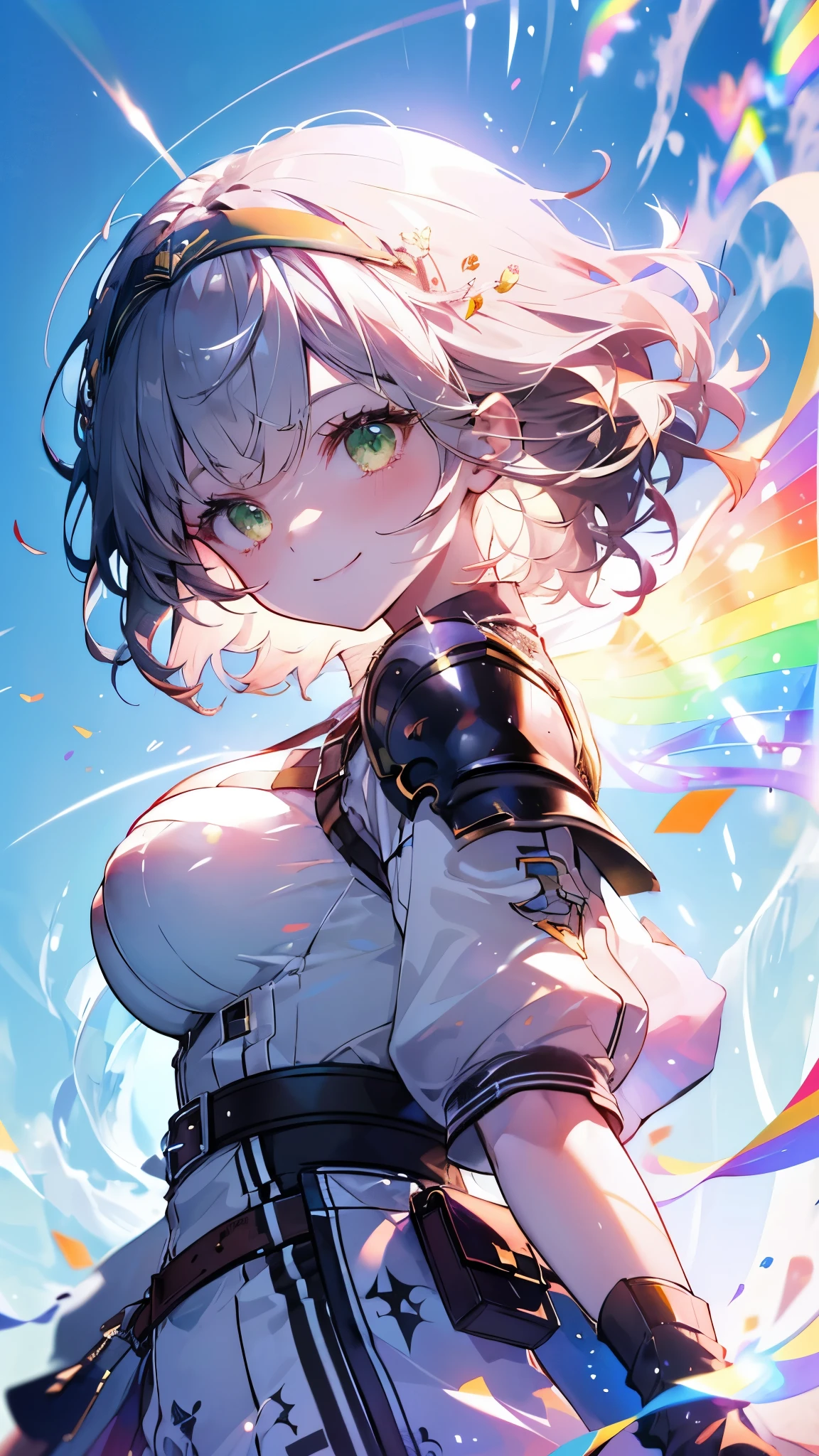 (Highest quality:1.2), (Very detailed:1.2),(masterpiece:1.2),(8k:1.2),(Blessed,Captivating body、Very beautiful eyes、Very detailed肌、Very detailed顔,Detailed Background), aanoel, medium hair, green eyes, hairband, blue collar, shoulder armor, cleavage, mole on breast, armored dress, Chest belt, gold trim, fingerless gloves, black gloves, brown belt, pouch, pelvic curtain, black thighhighs,(summer background,Blue Sky background,rainbow:1.3),(The best smile:1.2)、farewell、graduation, (portrait ,looking back:1.2)