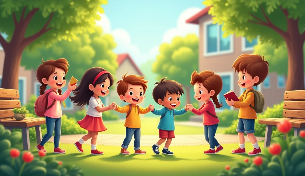 Create an image depicting a heartwarming scene where children are helping each other. Show a diverse group of kids working together: one child is reaching out to help another who has fallen, while others are assisting in various tasks like carrying books or planting flowers. The background should be a bright, friendly neighborhood park with green grass and colorful flowers. The overall atmosphere should be one of cooperation and kindness, reflecting the theme of helping others and lending a hand.