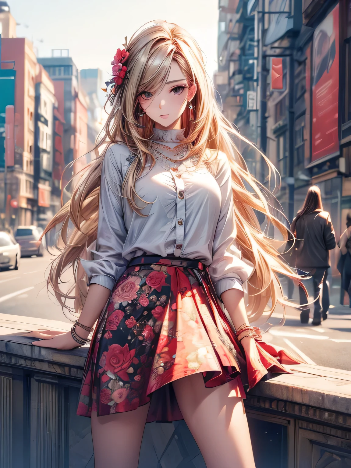 ((Highest quality, 8k, masterpiece: 1.3)), 1 girl, Slim Beauty: 1.3, (Long Hair: 1.2), Floral Skirt, Long legs: 1.1, Super delicate face, Beautiful Eyes, double eyelid, Outdoor, Octane Rendering