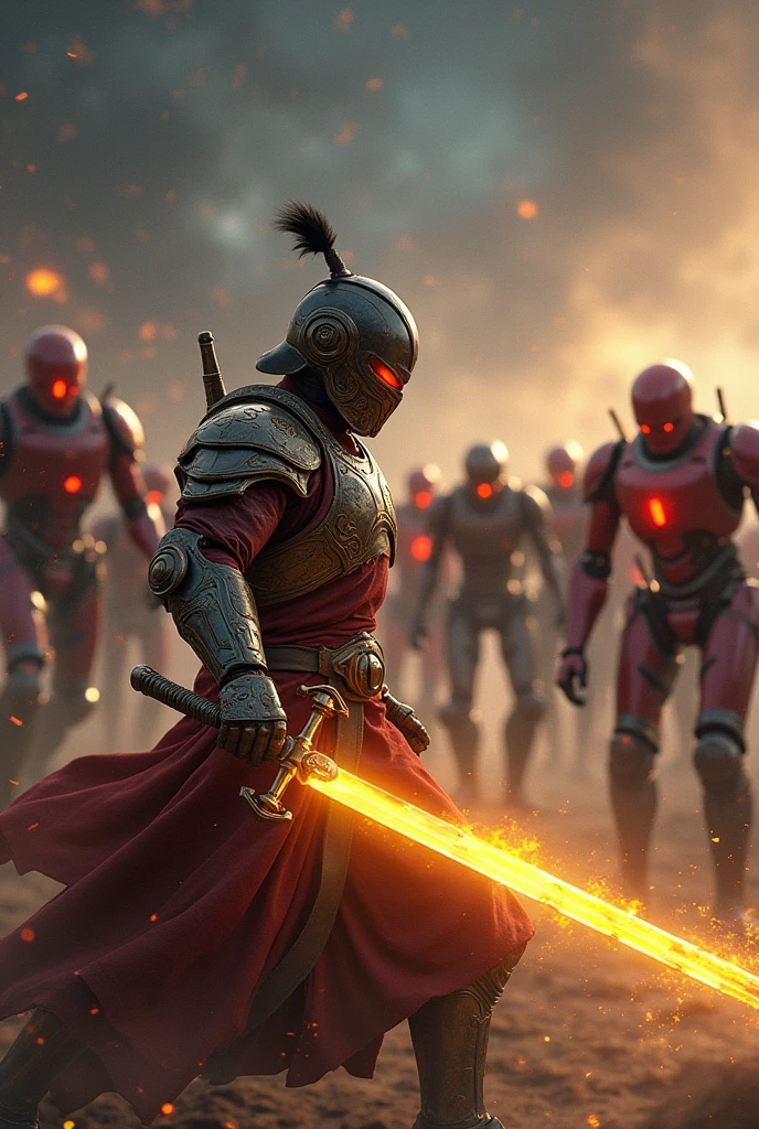 Dramatique bataille Shaolin humain in armor and yello Sword fight  the robot army rebel red eye
In Space 
4k