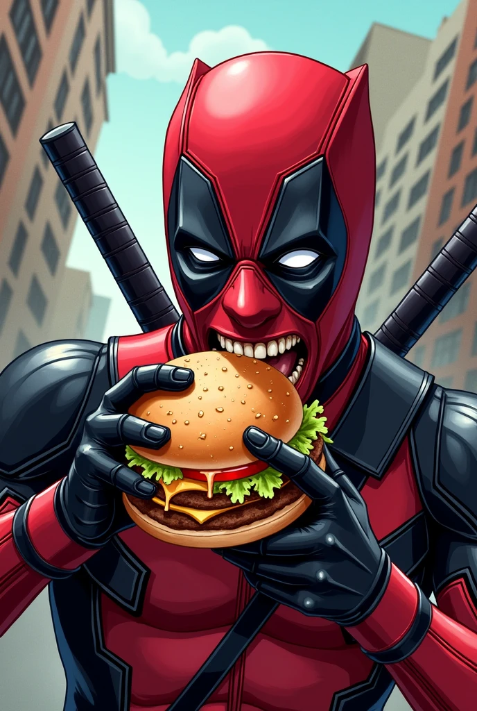 deadpool eating a hamburger