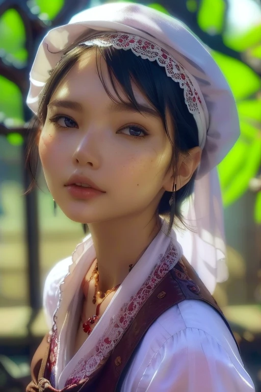 dramatic lighting, (highly detailed face:1.4), perfect eyes, realistic iris, perfect teeth, (smile:0.7), (background dark, shadow of the leaves), (()), (She is wearing a white skirt, a red blouse with lace, apron tied around her waist, and brown leather shoes. A blue scarf is on her head. Yes, her accessories include necklaces, earrings, and bracelets. 1 Girl)), Ultra High Resolution, (Realistic: 1.4), RAW Photo, Best Quality, (Photorealistic Stick), Focus, Soft Light, (()), (( (young face))), (surface), ), masterpiece, (realistic), skinny, moonlight, bangs, ((brown eyes))