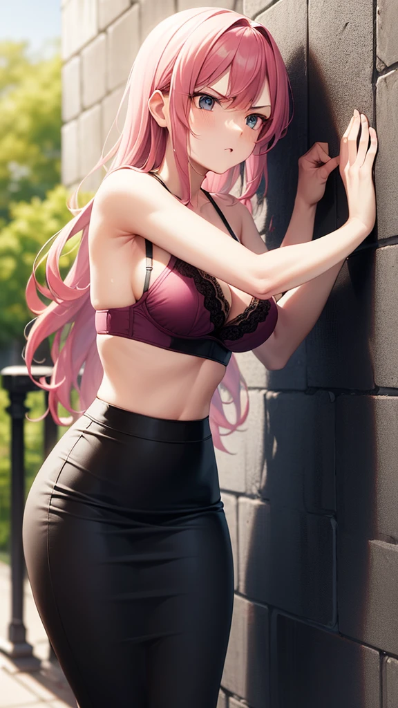 girl，Young，（masterpiece，Highest quality），Street，Completely naked，Bare shoulders、Gal、Pink Hair、smile、passionate、long hair、(Underboob)，Big Breasts，Cleavage，(stomach)，Black mini tube top、looking at the camera、barefoot、A very short black miniskirt，(Ultra Micro Mini Pleated Skirt)，Strong winds、No underwear、solo、Are standing、barefoot，City