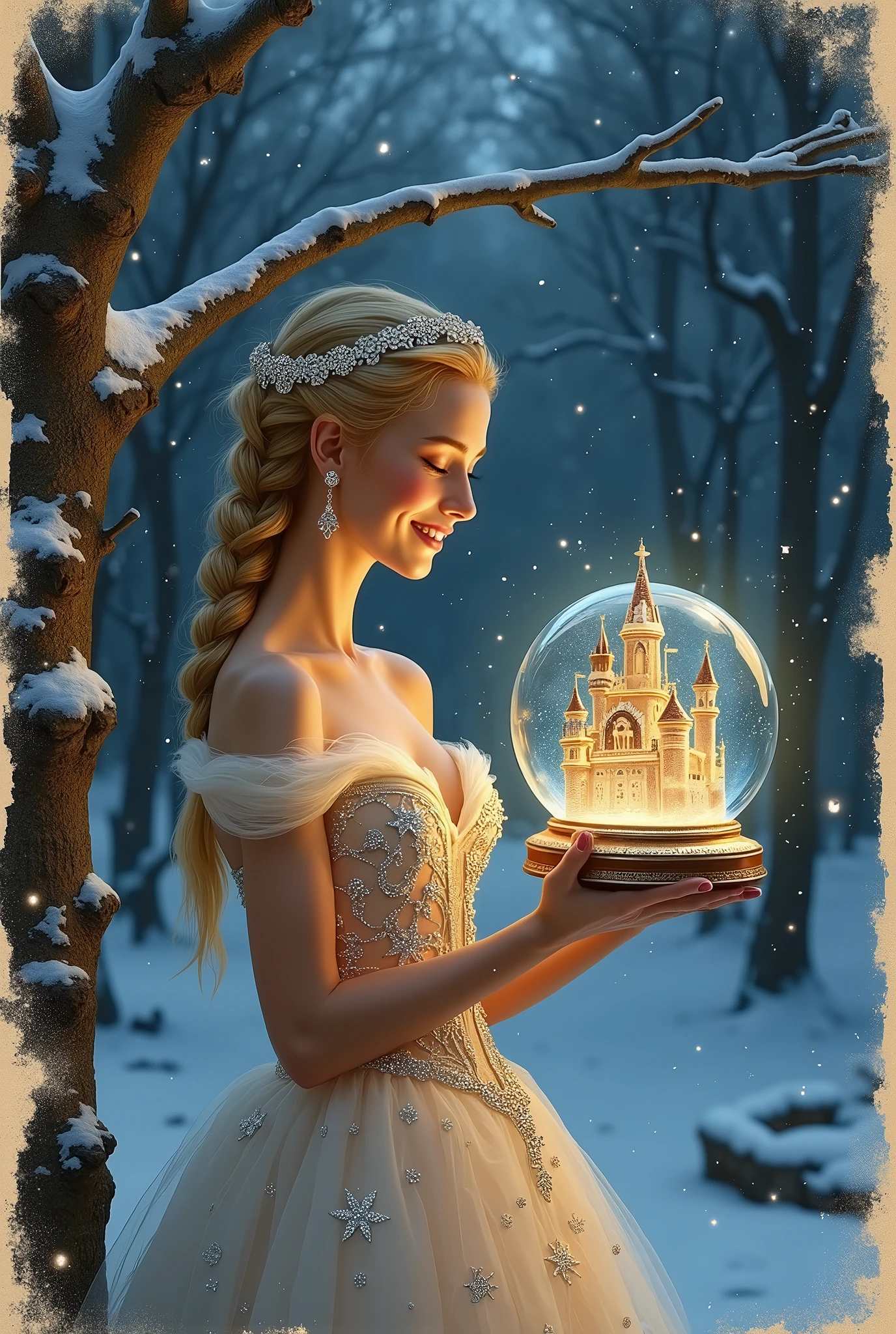 mesmerizing hiper-realistic oil painting on a book torn page, a Beautiful princess, twenty-year-old with gold blond hair in a braid, wearing a gorgeous dress with diamonds, delightfully looking to a iluminated globe with a castle inside next to a tree branch in a winter forest at night, sparkles, snow. the princess's happiness is reflected in this stunning portrait, rendered with meticulous detail and realistic accuracy, by Alena Aenamy, photorealism, KODAK gold 400