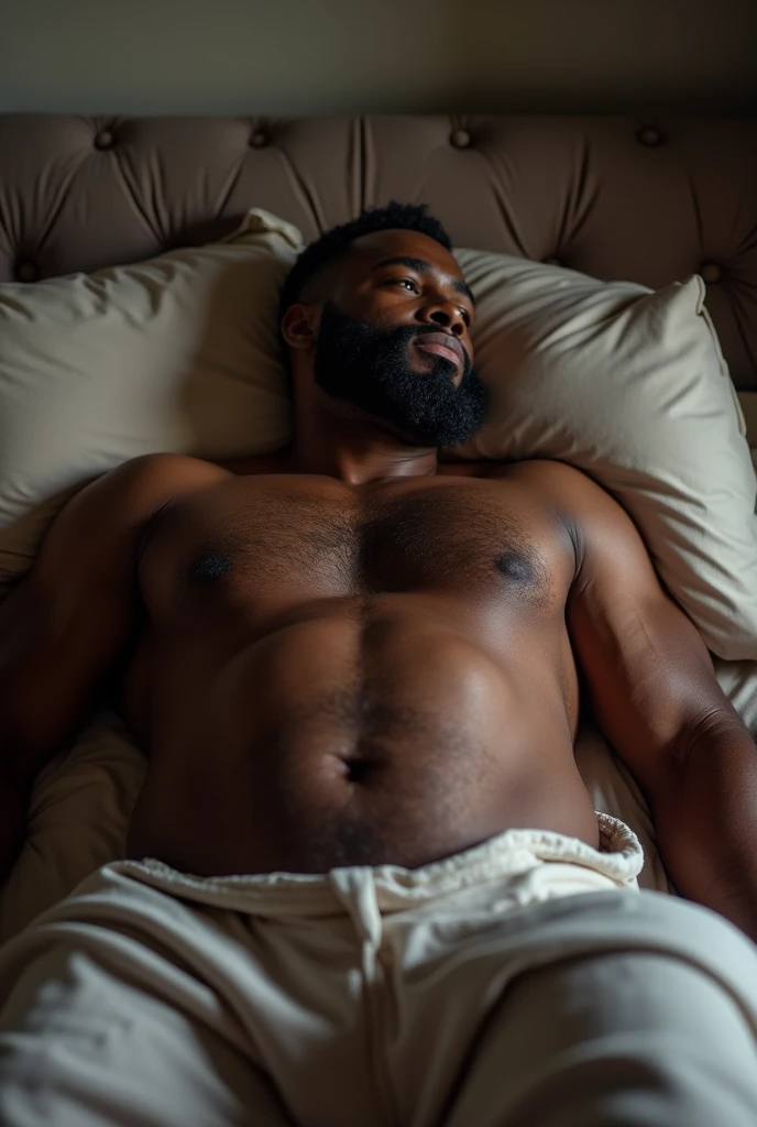 [Core Concept] An intimate and sensual portrait of a black man, muscular and bearded man in a moment of relaxation and exposure.

[Character Description] The man is robust and vigorous, with an imposing and masculine appearance. Your skin is dark and your facial features are strong, with a thick beard that frames his face.

[Environment/Background] He's lying on his bed, in a private and cozy environment, with soft sheets and blankets that contrast with your dominant figure.

[Style and Atmosphere] The scene conveys a sense of intimacy and vulnerability, with a subtle sensuality and an air of comfort and relaxation.

[Composition] The frame focuses on the man&#39;s torso and genital region, creating an intimate and revealing composition.

[Details and Embellishments] Details such as skin texture, the defined muscles and prominence of his sexual organ accentuate the erotic nature of the image.

[Technical Specifications] The image is a high contrast photographic portrait, with soft lighting and a natural color palette that enhances the model&#39;s beauty and masculine strength.