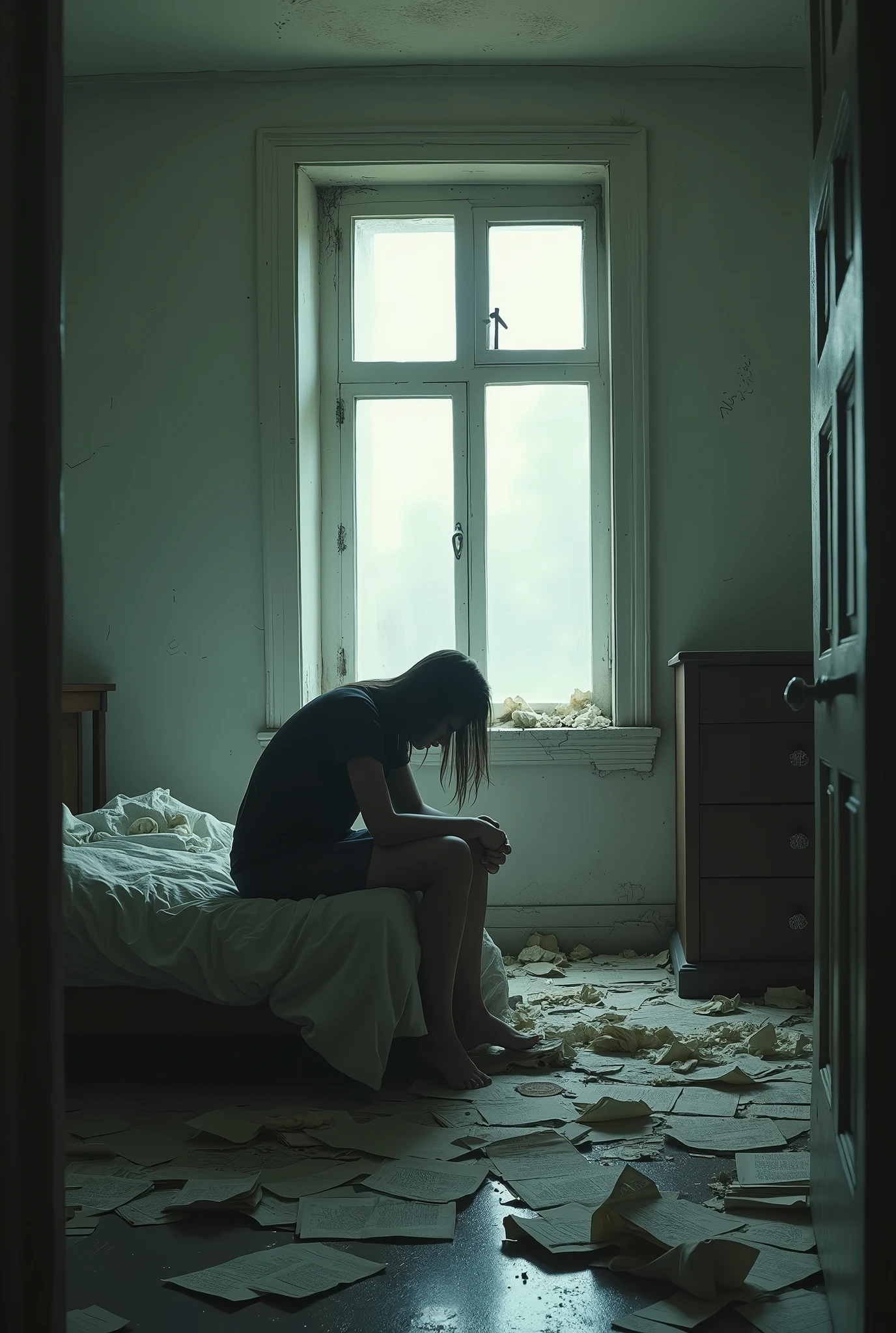 dans un style réaliste : Chambre Désertée : Un intérieur minimaliste et désordonné, avec des meubles renversés, des feuilles de papier froissées éparpillées, et une fenêtre ouverte laissant entrer une lumière blafarde. Sur le lit, une personne est assise, la tête baissée, capturant l'idée d'une lutte intérieure.