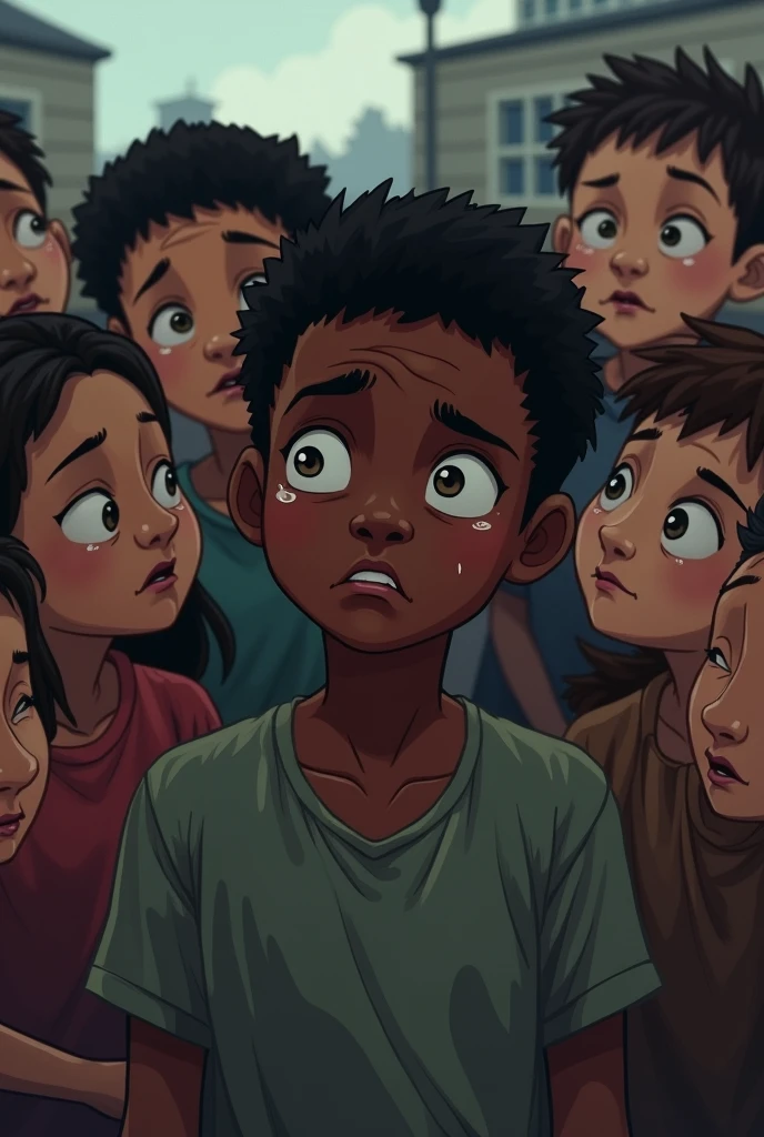Make a dark-skinned boy crying while other children make fun of him