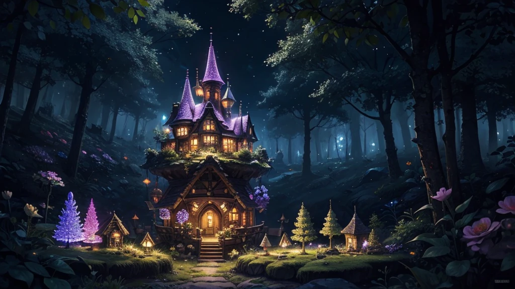 (masterpiece)),((Highest quality)),((High Detail)),nobody,background, fantasy, Overlooking, Magical Forest, Glowing Flower, Fairy Village, Crystal sculpture