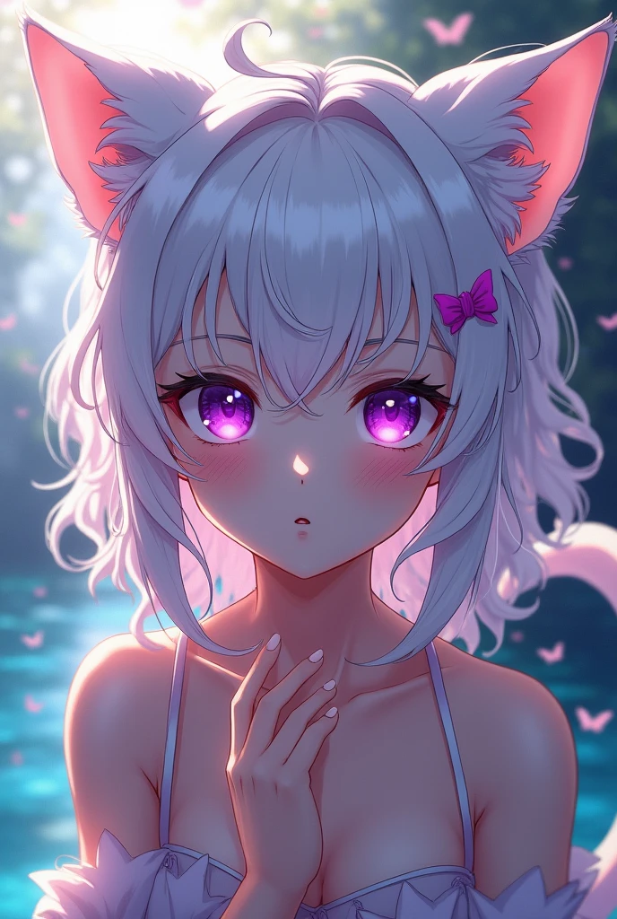 short hair, (PURPLE eyes:1.5),  animal ears, tail, white hair, shorts, cat ears, cat tail, curly hair, (small breast:1.2), BREAK looking at viewer, BREAK outside, BREAK (masterpiece:1.2), best quality, high resolution, unity 8k wallpaper, (illustration:0.8), (beautiful detailed eyes:1.6), extremely detailed face, perfect lighting, extremely detailed CG, (perfect hands, perfect anatomy),