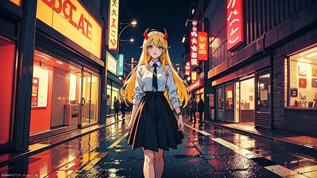 Create a digital illustration in the style of 90s anime art. The character should resemble a young woman with long blonde hair, yellow eyes, and red horns, wearing a white shirt and black tie. She should be standing in a neon-lit city street at night, with vibrant signs and glowing lights reflecting off the wet pavement. The background should capture the essence of a bustling urban environment, with a mix of modern and retro elements, all rendered in the distinct, detailed, and slightly grainy style typical of 90s anime.