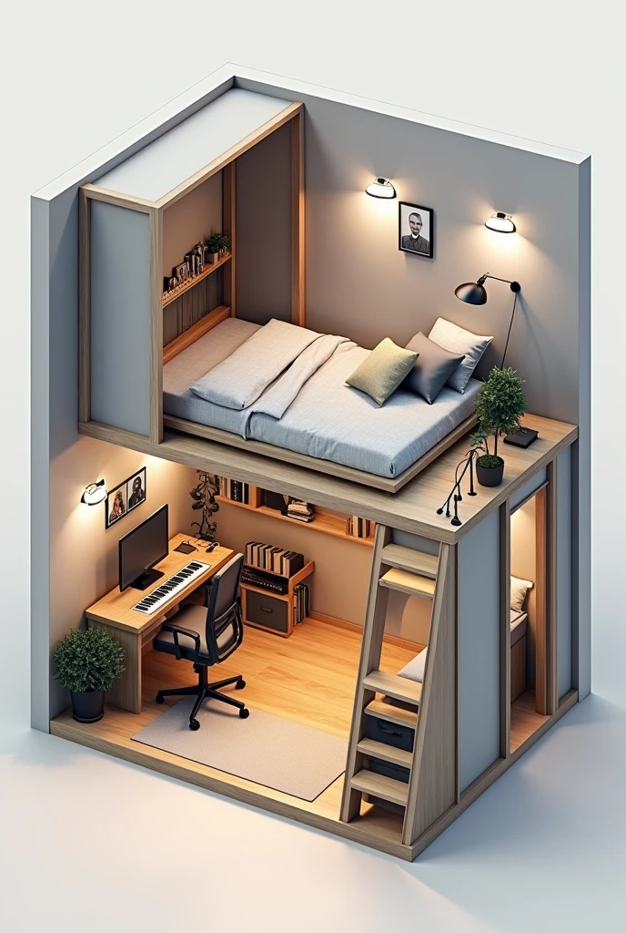 **Description of the room plan:**

The design shows a compact and efficient room with the following elements:

1. **cabin bed:** Located against one of the walls, The top bunk is used for sleeping, while the lower part is used as a work space.

2. **Desk under the cabin:** under the bed, There is a desk with a computer and a chair, creating a comfortable and functional study or work space.

3. **Additional table:** A simple table placed in the room can be used for various activities such as reading., write or place additional equipment.

4. **Recording studio:** In a corner of the room, the recording studio is located, equipped with a microphone, a sound mixer, a plan, Monitors and other essentials for music production.

