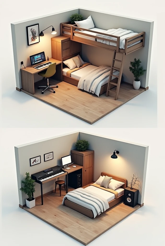 **Description of the room plan:**
The design shows a compact and efficient room with the following elements:
1. **cabin bed:** Located against one of the walls, The top bunk is used for sleeping, while the lower part is used as a work space.
2. **Desk under the cabin:** under the bed, There is a desk with a computer and a chair, creating a comfortable and functional study or work space.
3. **Additional table:** A simple table placed in the room can be used for various activities such as reading., write or place additional equipment.
4. **Recording studio:** In a corner of the room, the recording studio is located, equipped with a microphone, a sound mixer, a plan, Monitors and other essentials for music production.