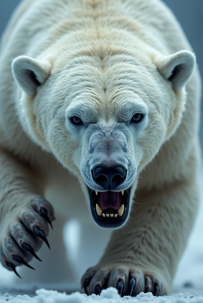 Close up white bear face, open claws , hairs standing on end and muscles tense, attacking the prey with its claw. 