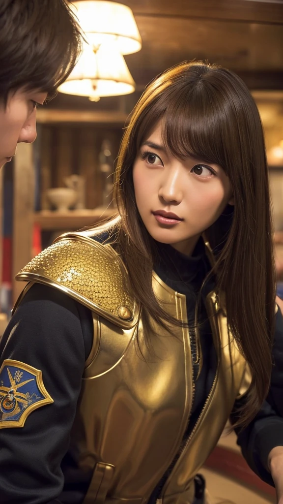 A scene from a movie，masterpiece: Space Battleship Yamato 2202: High-definition images of Yuki Mori，　 Exquisite details、Ultra-realistic:2.0、 Sparkling metallic body、Complex Panel、Curved and sleek design、 Floating in the air、Nebulae and stars that accentuate its silhouette々、（Yellow body armor）A high-resolution image of Yuki Mori, a crew member giving instructions from inside the ship, dressed in a、 Gorgeous coat of arms jacket、Slight redness on the cheeks