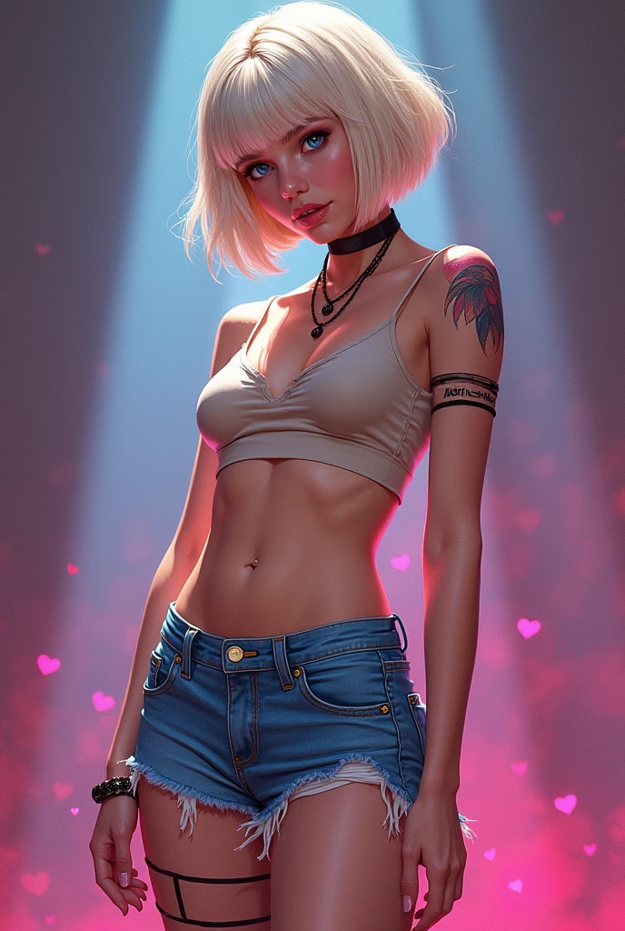 (Superflat, Flat Shading, flat-colors:1.1)、(Magazine Cover)、Illustrations、(Beautiful platinum blonde hair、short-hair、American boyish girl)、crotch open、Smiling、Draw so that the crotch cloth of the beige underwear is visible.、Skirt ping、((Torn and tattered denim skirt、Beige panthoker、When I look through the viewfinder、A bracelet、Thigh strap、Body Painting、Head tilt、8K resolution、intricate clothing、Intricate details、1girll、Solo、a blond、Standing、Cowboy Shot、Arms as、a miniskirt、Detailed panties、((from bendquarters、heart cutout、hip incision))、Volumetric lighting、Soft light、Bright、neons、Vibrant colors、watercolor paiting、