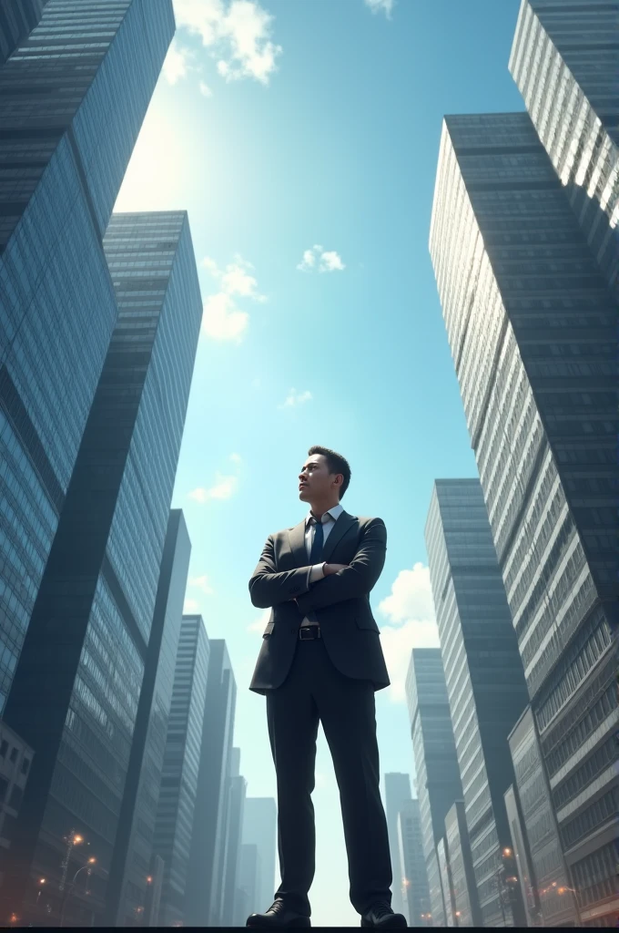Image of a man looking at the sky in a city with large buildings