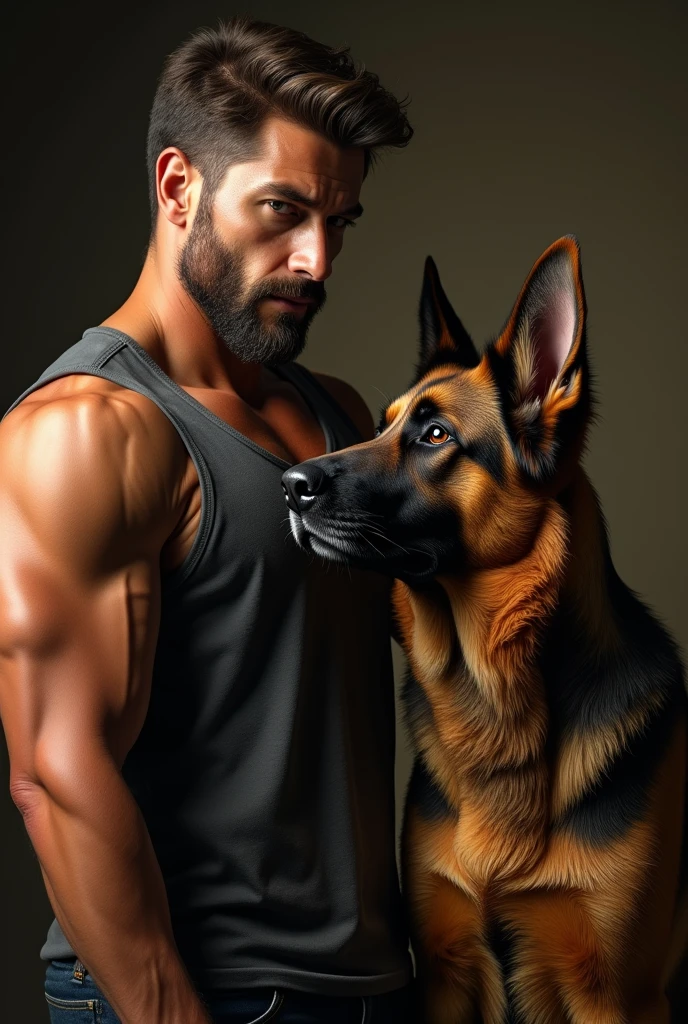 A man with a German shepherd dog, detailed portrait, studio lighting, professional photography, best quality, 8k, hyperrealistic, masterpiece, sharp focus, physically-based rendering, extreme detail description, vivid colors, natural lighting, warm color palette, dramatic contrast, intricate textures, muscular build, intense gaze, loyal companion animal, man's best friend